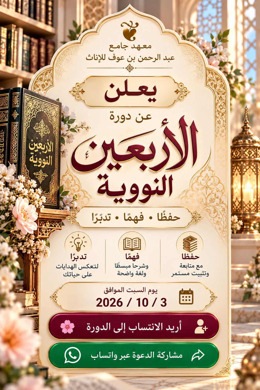 دعوة دورة الأربعين النووية في معهد جامع عبد الرحمن بن عوف للإناث، السبت 3 / 10 / 2026